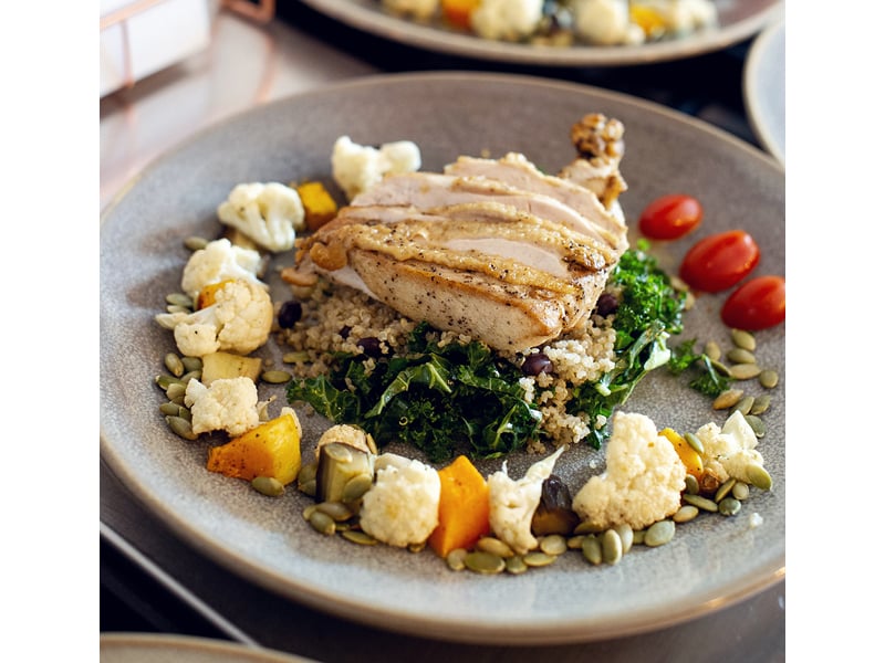 Jenny Hui's Quinoa, Squash & Cranberry Salad with Roasted Chicken.