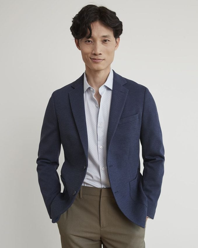 Slim-Fit Textured Knit Blazer in Navy Blazer